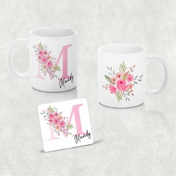 Floral Monogram Personalised Mug & Coaster Set