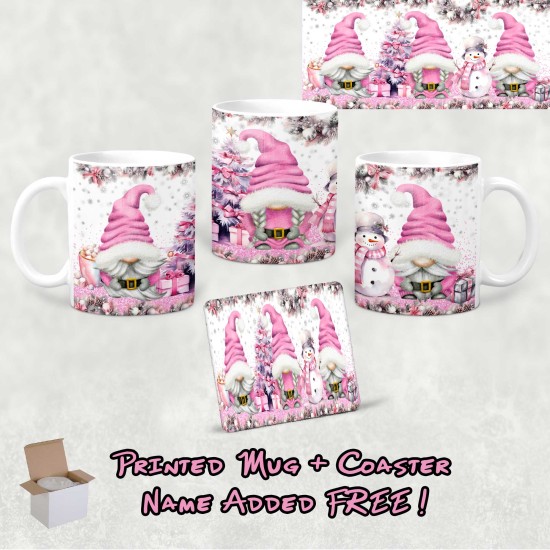Xmas Gnomes Pink Printed Mug & Coaster