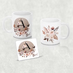 Floral Hessian Monogram Personalised Mug & Coaster Set