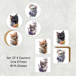 Kitten Cat with Glasses 4 Coaster Set