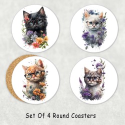 Kitten Cat with Glasses 4 Coaster Set